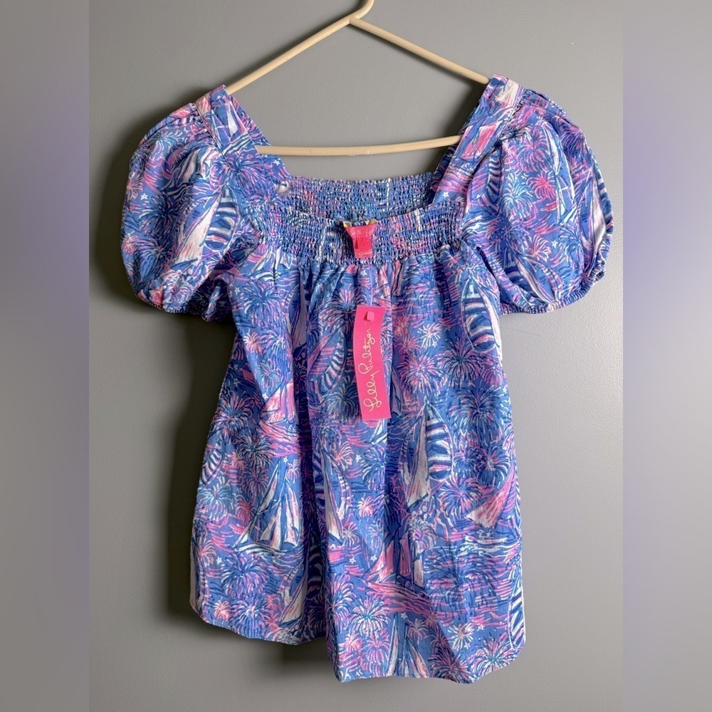 Lilly Pulitzer NWT Linen Sz 2 Keating Top Oca Blue Its a Sailabration 15" PTP